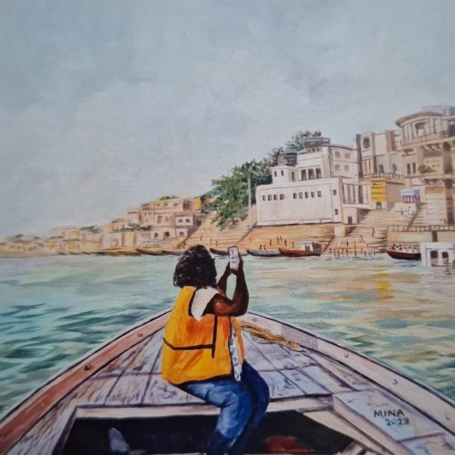 “Amber Fort reflected in still water in Jaipur, contemporary heritage painting by MINA inspired by architecture, reflection, and cultural memory.”