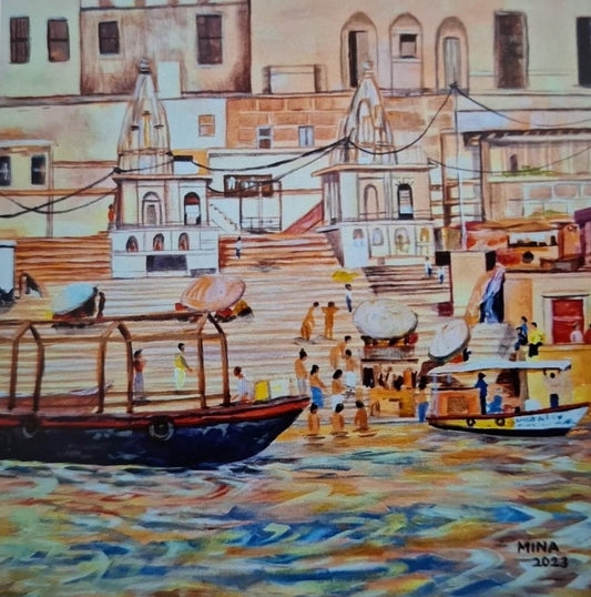 “Morning rituals along the River Ganges in Varanasi, contemporary landscape painting by MINA inspired by devotion, light, and spiritual atmosphere.”