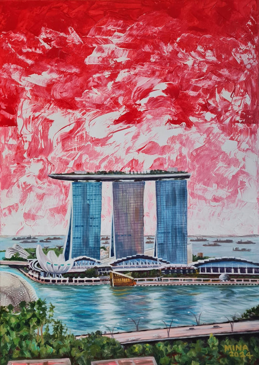“Marina Bay Sands reflected at twilight in Singapore, contemporary heritage painting by MINA inspired by architecture, light, and international cultural identity.”