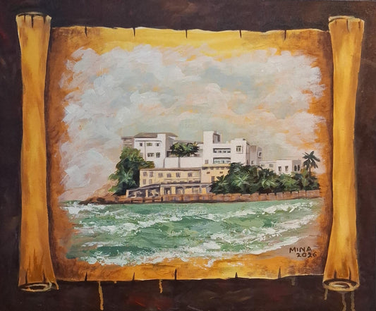 Original acrylic painting by MINA depicting Osu Castle beside the Atlantic Ocean within an aged Ghana heritage scroll design.