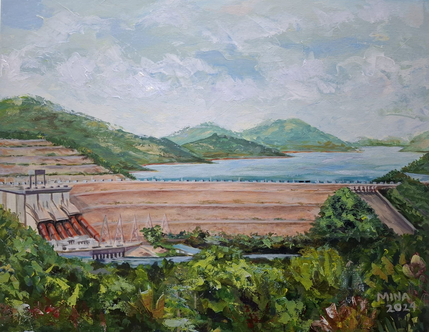 Power of the Volta — Akosombo Dam by MINA, an original Ghana Heritage painting showing Akosombo Dam, the Volta River, surrounding hills, water, greenery and Ghana’s engineering landscape.
