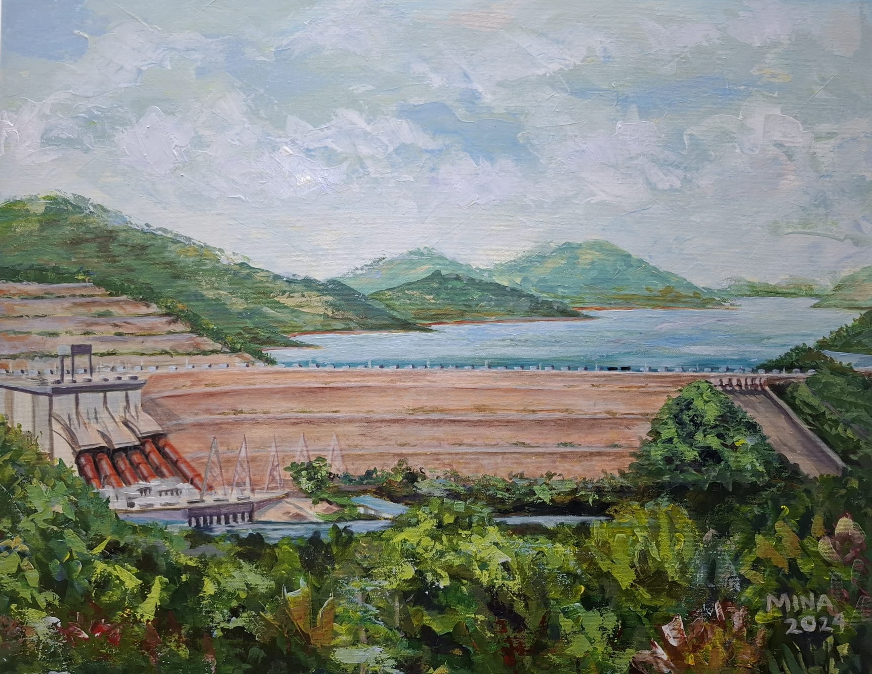 Power of the Volta — Akosombo Dam by MINA, an original Ghana Heritage painting showing Akosombo Dam, the Volta River, surrounding hills, water, greenery and Ghana’s engineering landscape.
