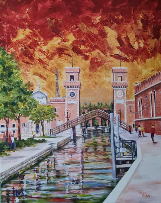 In this striking work, MINA turns her gaze to the Arsenale di Venezia — one of Venice's most storied landmarks — and reimagines it through her signature palette knife technique. The ancient terracotta gateway is rendered with bold, textured strokes, its twin towers rising with quiet authority over a glassy canal.