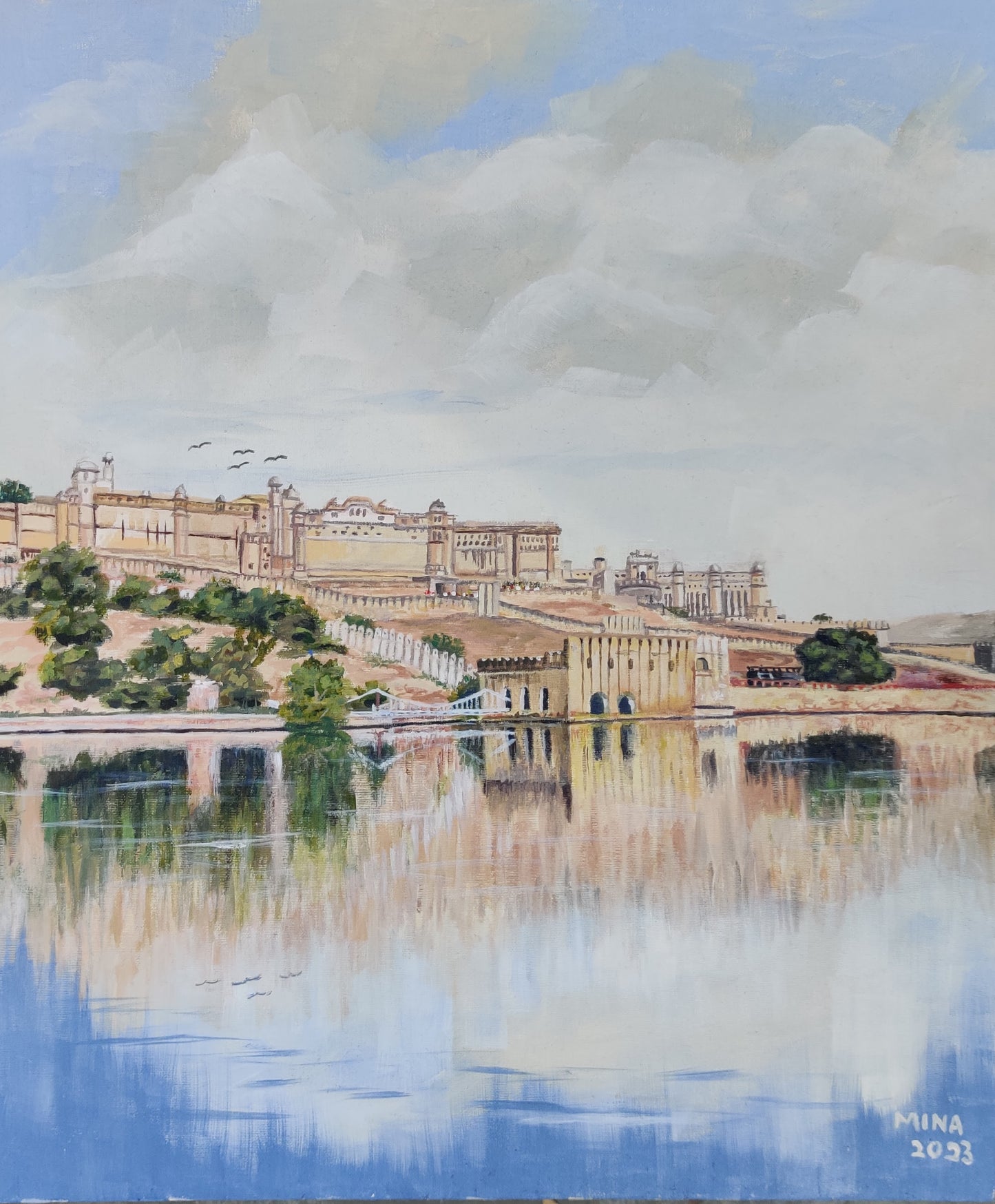 “Amber Fort reflected in still water in Jaipur, contemporary heritage painting by MINA inspired by architecture, reflection, and cultural memory.”
