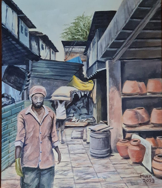 MINA's palette here is deliberately muted — greys, browns, and dusty pinks — punctuated by the warm terracotta of the pots and the flash of a yellow and blue tarpaulin overhead. The painting does not romanticise or sensationalise. It simply looks, with honesty and respect, at a place and its people.