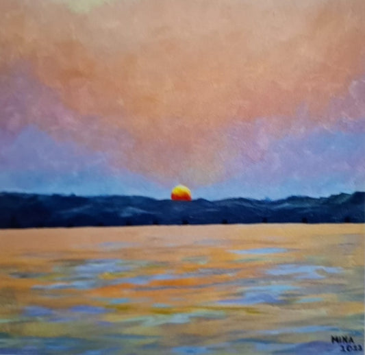 “Luminous sunrise over the River Ganges in Varanasi, contemporary heritage painting by MINA inspired by atmosphere, stillness, and sacred light.”