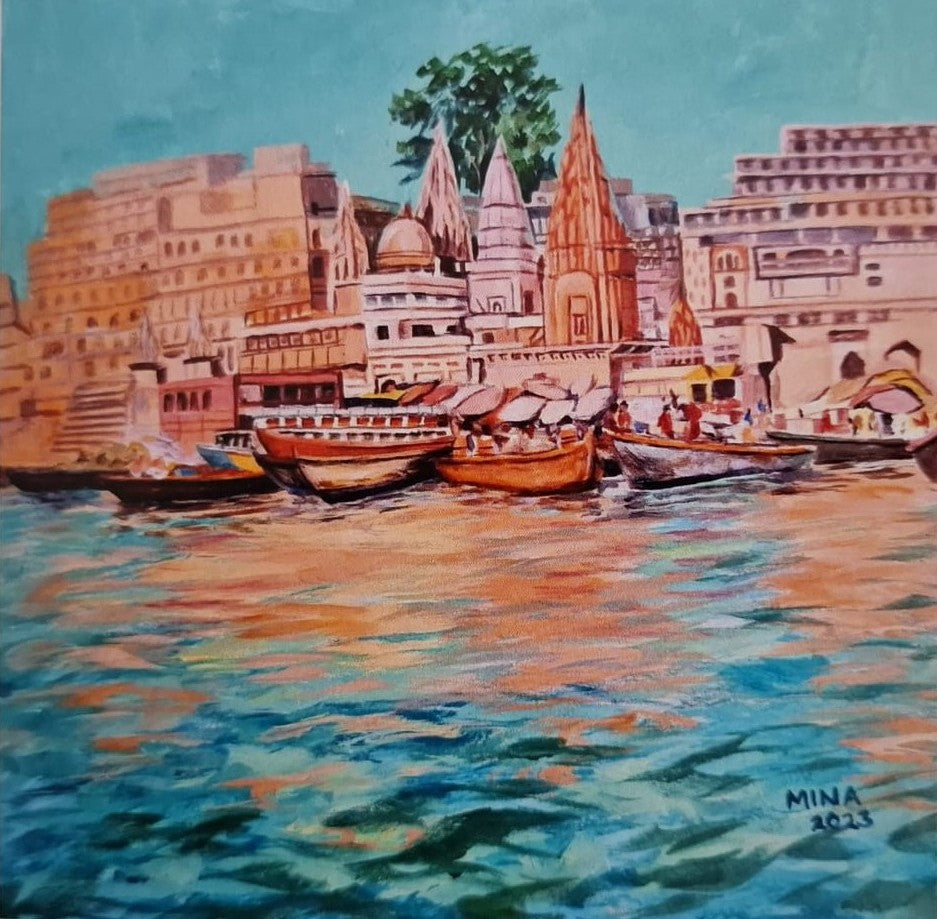 “Sacred ghats along the River Ganges in Varanasi, contemporary heritage painting by MINA inspired by devotion, atmosphere, and daily life.”