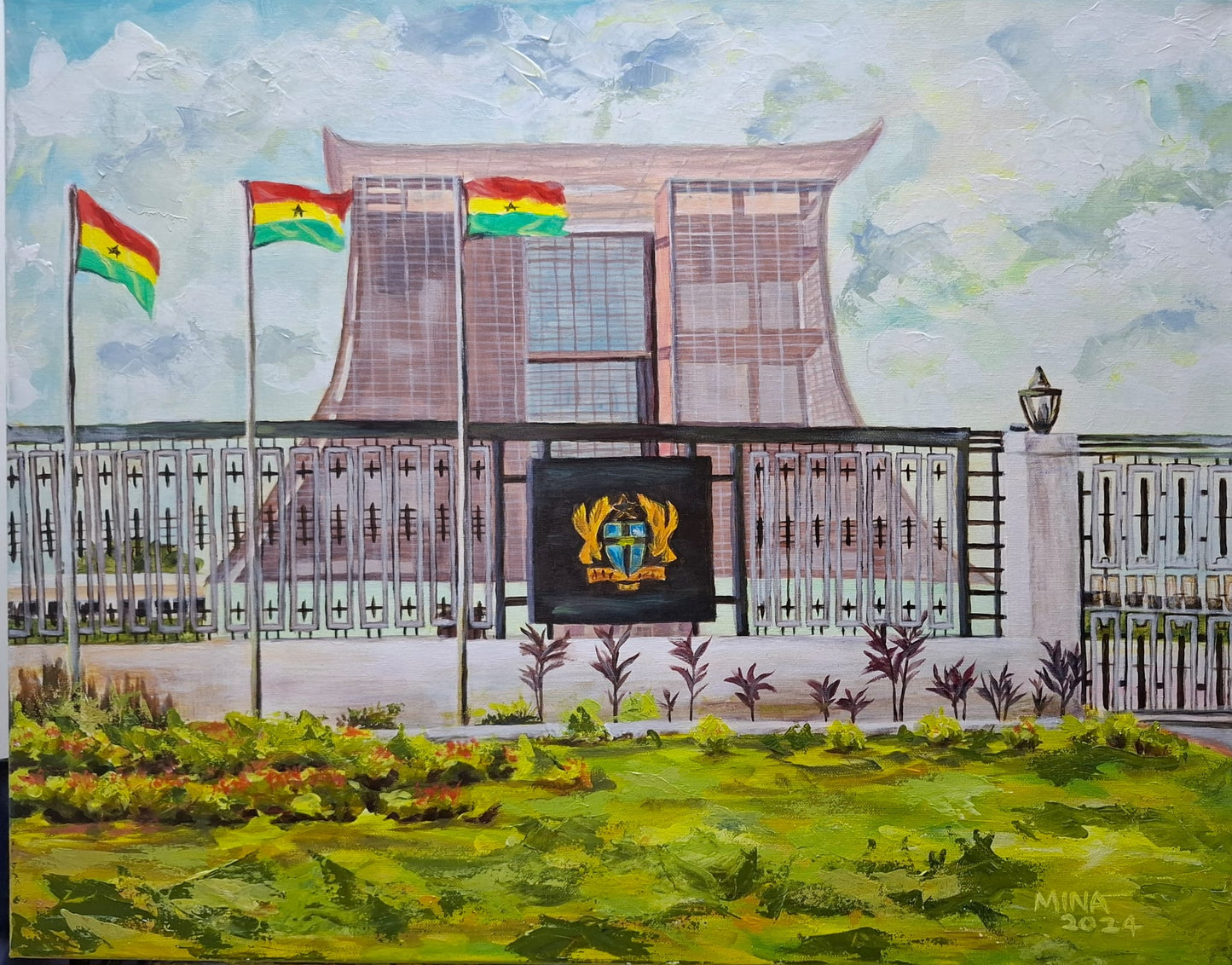 Original painting by MINA titled Seat of Heritage — Jubilee House, showing Ghana’s Jubilee House with national flags, landscaped gardens, architectural details and the Ghana coat of arms.
