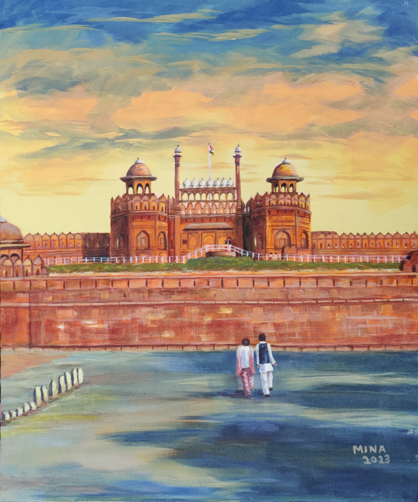 “Red Fort at sunset in Delhi, contemporary heritage painting by MINA capturing atmosphere, architecture, and evening light.”