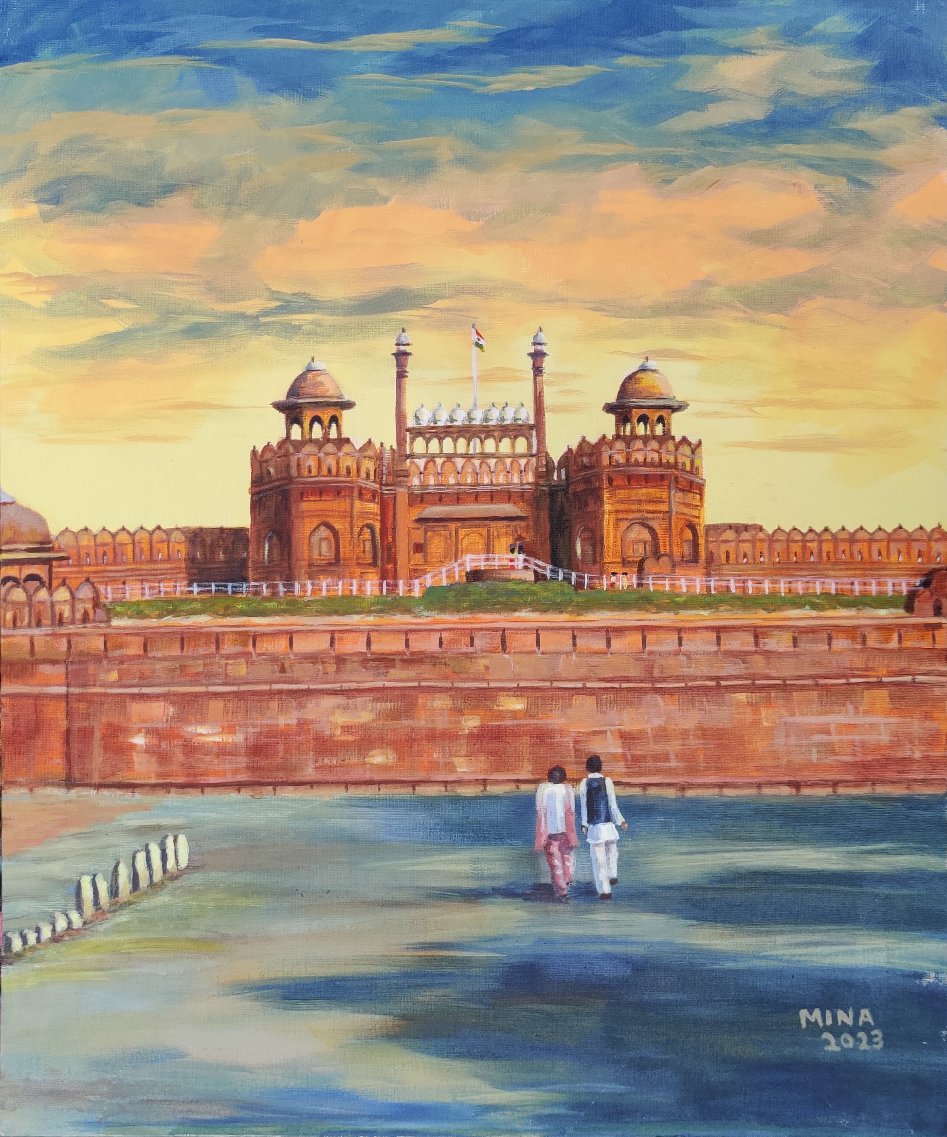 “Red Fort at sunset in Delhi, contemporary heritage painting by MINA capturing atmosphere, architecture, and evening light.”