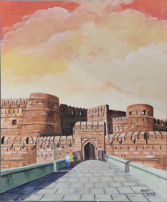 Sunset Walk – Agra Fort, acrylic painting by MINA showing the historic red sandstone Agra Fort in India under a warm sunset sky, with a pathway leading toward the entrance.