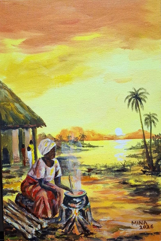 Original acrylic painting by MINA depicting a Ghanaian woman cooking over a traditional firewood stove in a sunset landscape.