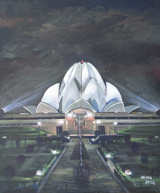 “Lotus Temple in New Delhi, contemporary architectural painting by MINA inspired by light, geometry, and spiritual atmosphere.”
