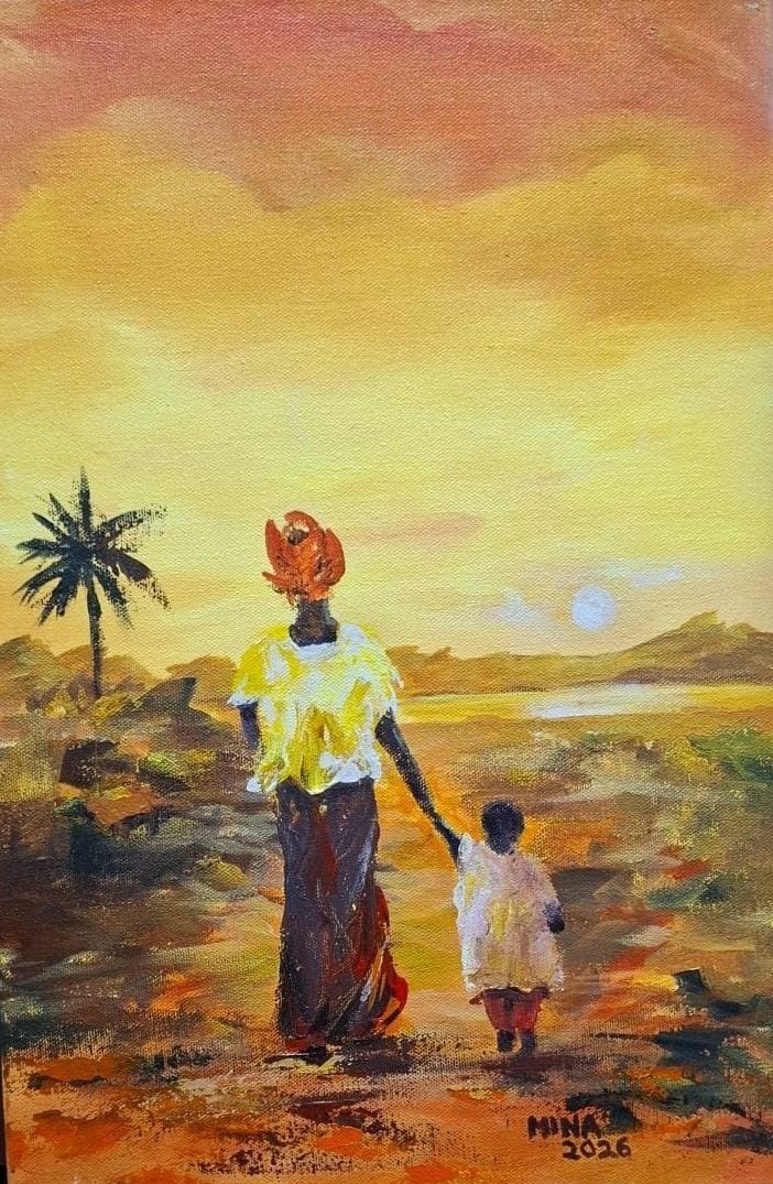 Original acrylic painting by MINA showing a Ghanaian woman holding a young child's hand while walking through a warm landscape.