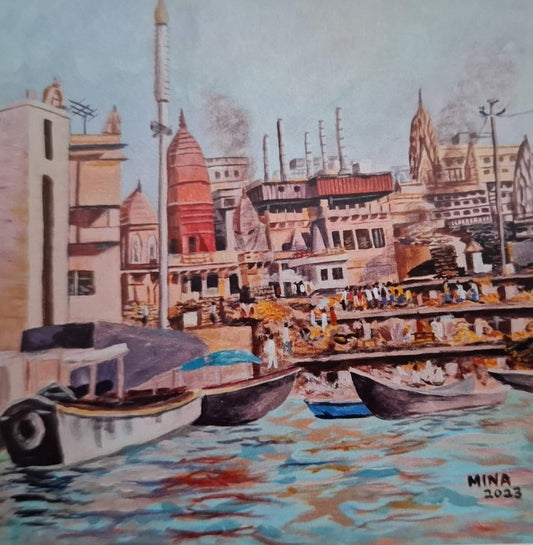 “Boats and devotees along the River Ganges in Varanasi, contemporary heritage painting by MINA exploring movement, atmosphere, and cultural transition.”
