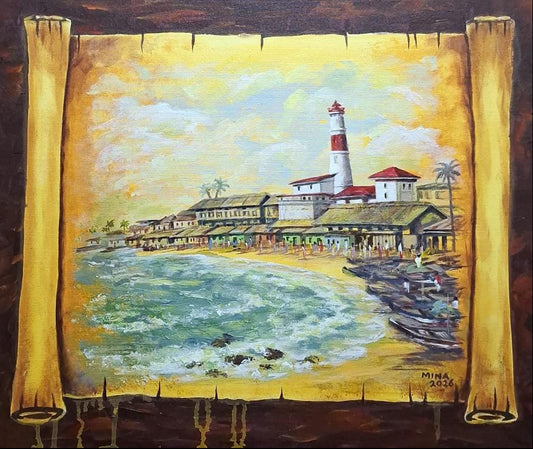 Original acrylic painting by MINA depicting Jamestown Lighthouse and the Accra coastline within an aged Ghana heritage scroll design.